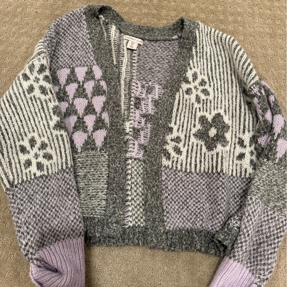 Gray and Lavender Patchwork Knit Sweater
